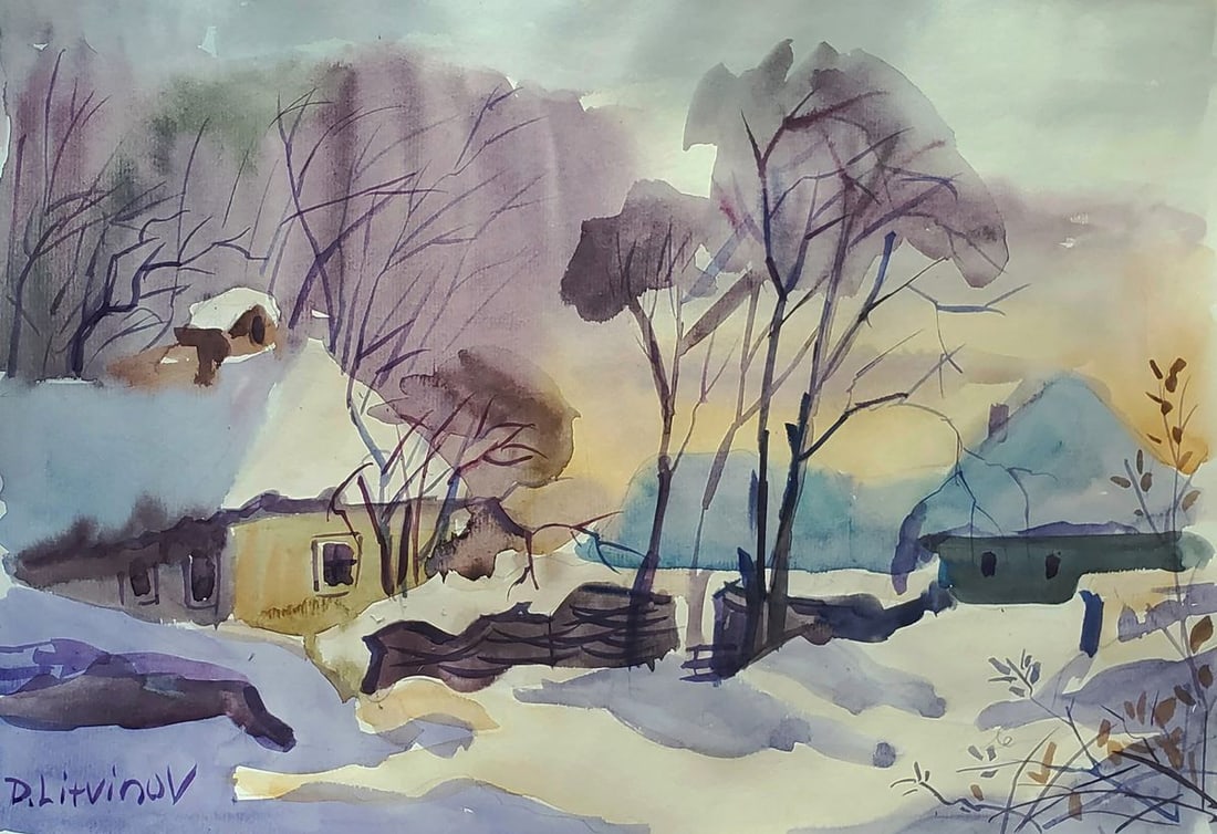Watercolor painting Winter sunset Daniil Litvinov: Title: Watercolor painting Winter sunset Daniil Litvinov Description: NoLitv 1232*** ABOUT THIS PAINTING **** TITLE: "Winter sunset"* ARTISTS: Daniil Litvinov* SIZE: 42x29 cm/'16.53x11.41 inches'* MED