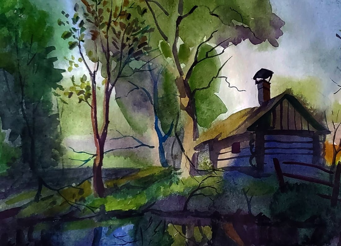 Watercolor painting House by the river Daniil Litvinov - 2