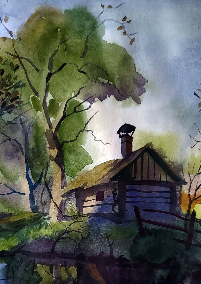 Watercolor painting House by the river Daniil Litvinov - 3