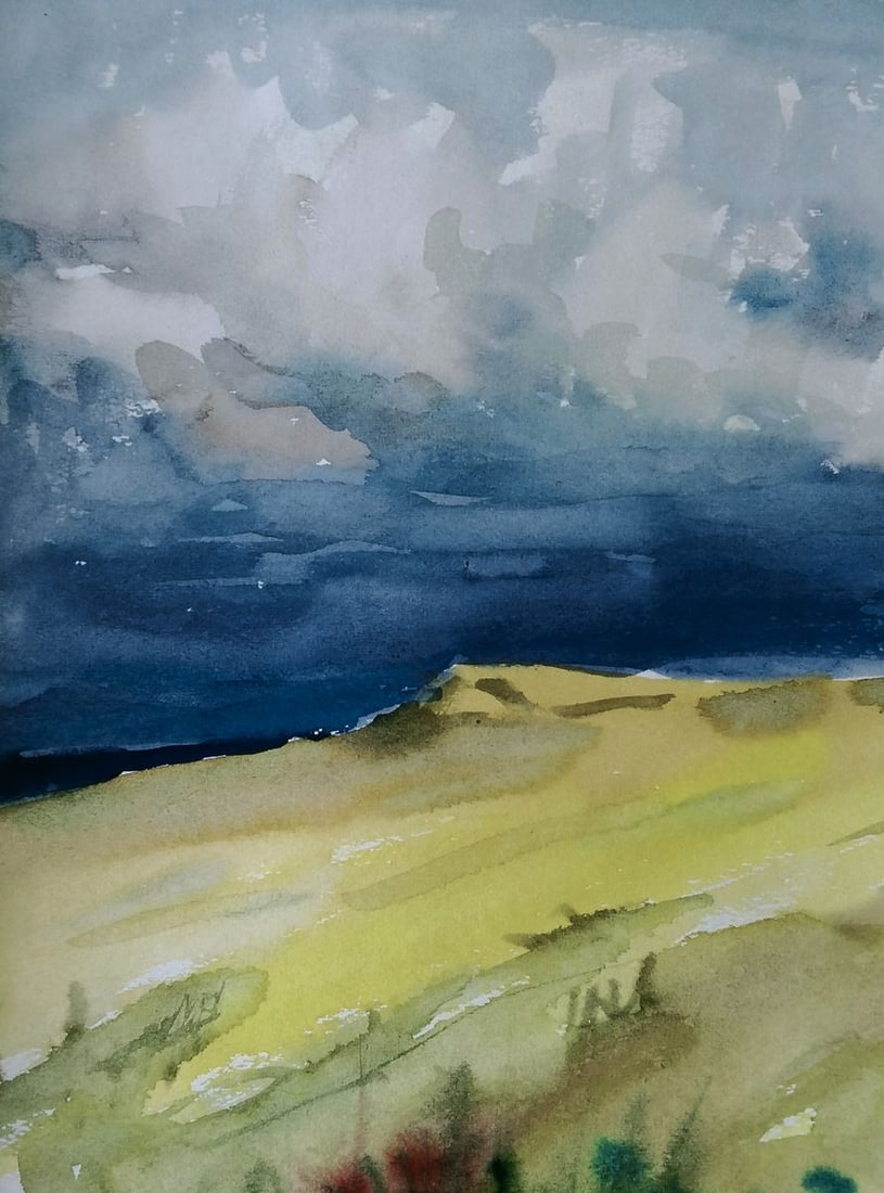 Watercolor painting Yellow field under the blue sky Vitaly Duhnevich: Title: Watercolor painting Yellow field under the blue sky Vitaly Duhnevich Description: NoDuhn 77*** ABOUT THIS PAINTING **** TITLE: "Yellow field under the blue sky"* ARTISTS: Vitaly Duhnevich* SIZE