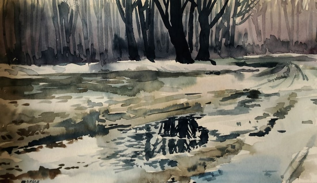 Watercolor painting Winter leaves its last trace Vitaly Duhnevich: Title: Watercolor painting Winter leaves its last trace Vitaly Duhnevich Description: NoDuhn 83*** ABOUT THIS PAINTING **** TITLE: "Winter leaves its last trace"* ARTISTS: Vitaly Duhnevich* SIZE: 17x2
