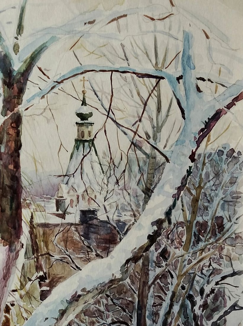 Watercolor painting Winter church Vitaly Duhnevich - 2