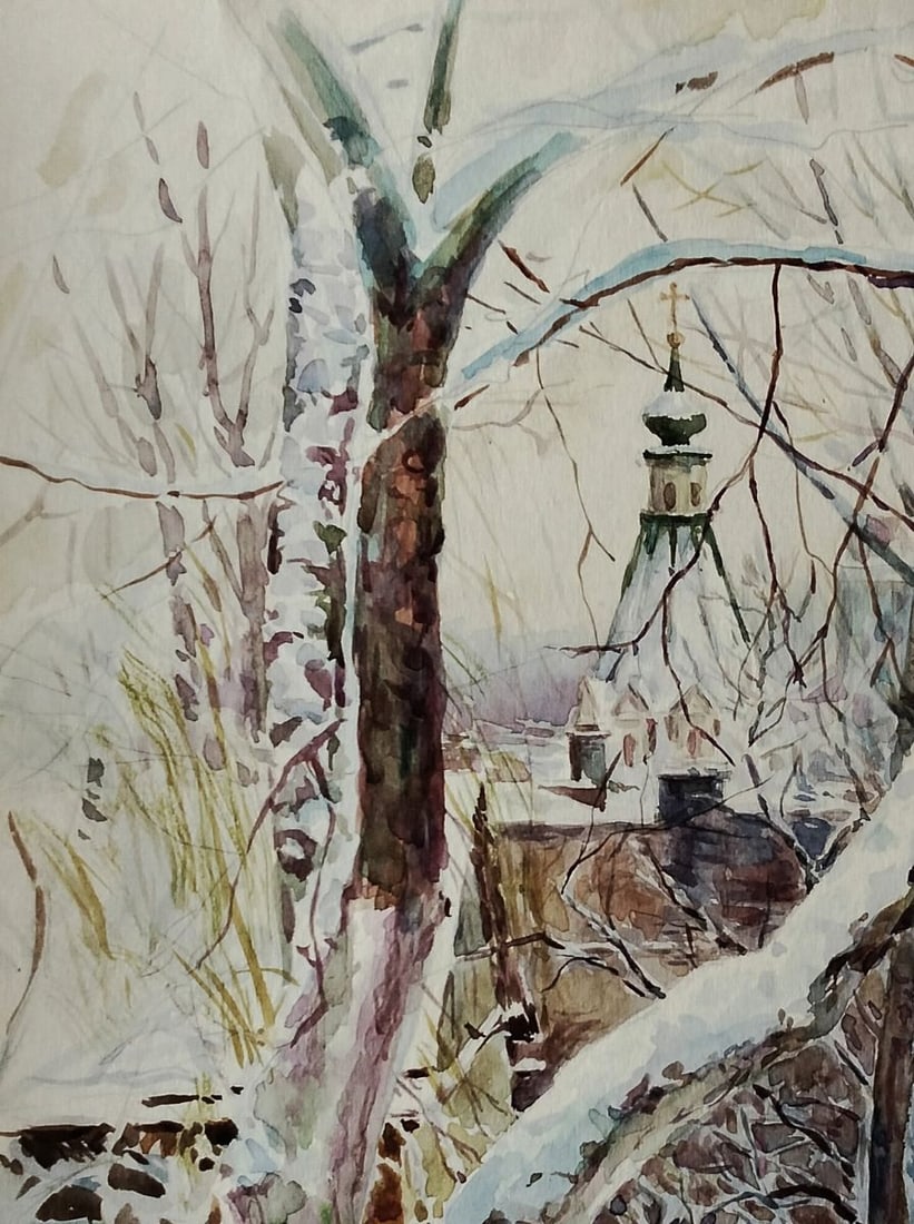 Watercolor painting Winter church Vitaly Duhnevich - 3