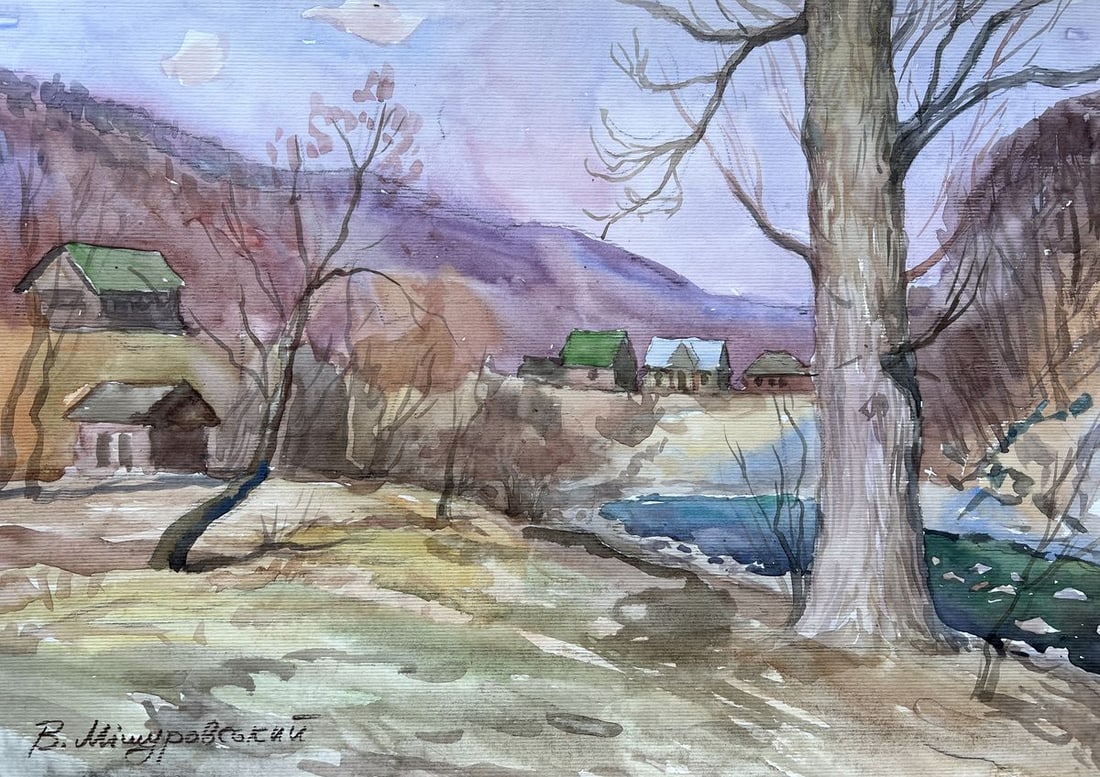 Watercolor painting A village near a pond V. Mishurovsky: Title: Watercolor painting A village near a pond V. Mishurovsky Description: No203This painting by Viktor Myshurovsky captures the tranquil essence of rural life. The scene depicts a small village nes