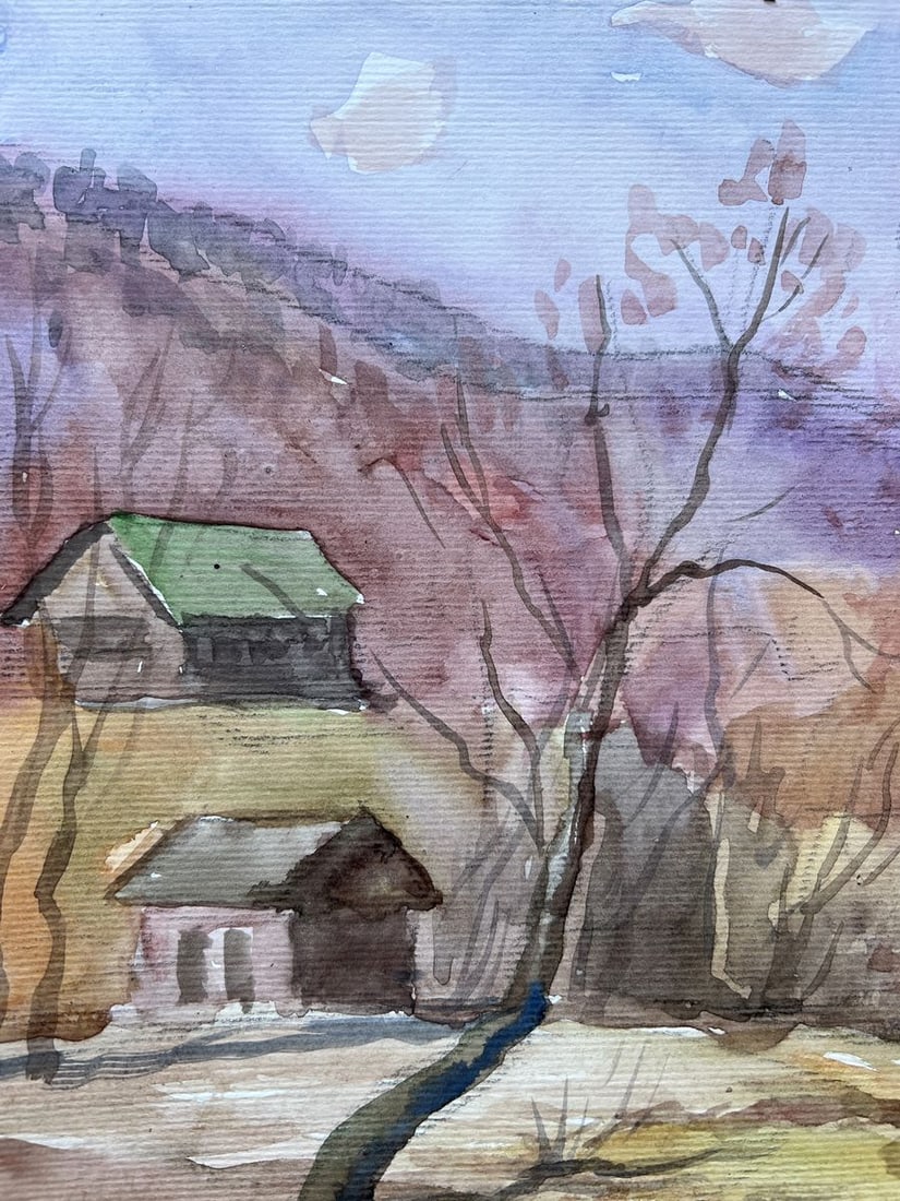 Watercolor painting A village near a pond V. Mishurovsky - 2