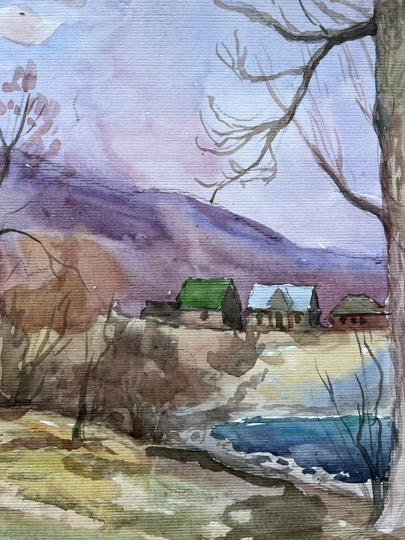 Watercolor painting A village near a pond V. Mishurovsky - 4