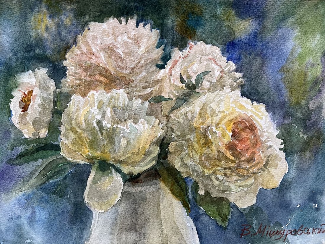 Watercolor painting White peonies V. Mishurovsky: Title: Watercolor painting White peonies V. Mishurovsky Description: No210"White Peonies" by Viktor Myshurovsky is a delicate and serene portrayal of a bouquet of white peonies in full bloom. The