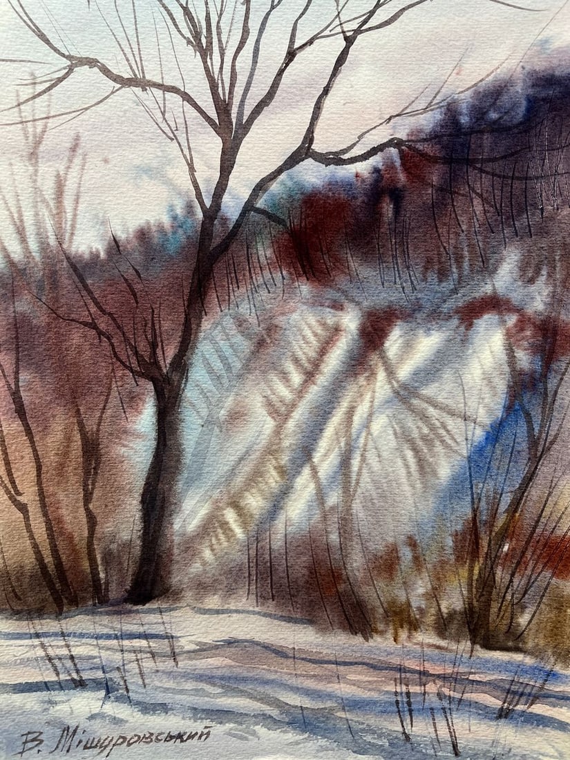 Watercolor painting February in the Carpathians V. Mishurovsky: Title: Watercolor painting February in the Carpathians V. Mishurovsky Description: No211"February in the Carpathians" by Viktor Myshurovsky captures the serene and still beauty of a Carpathian winter.