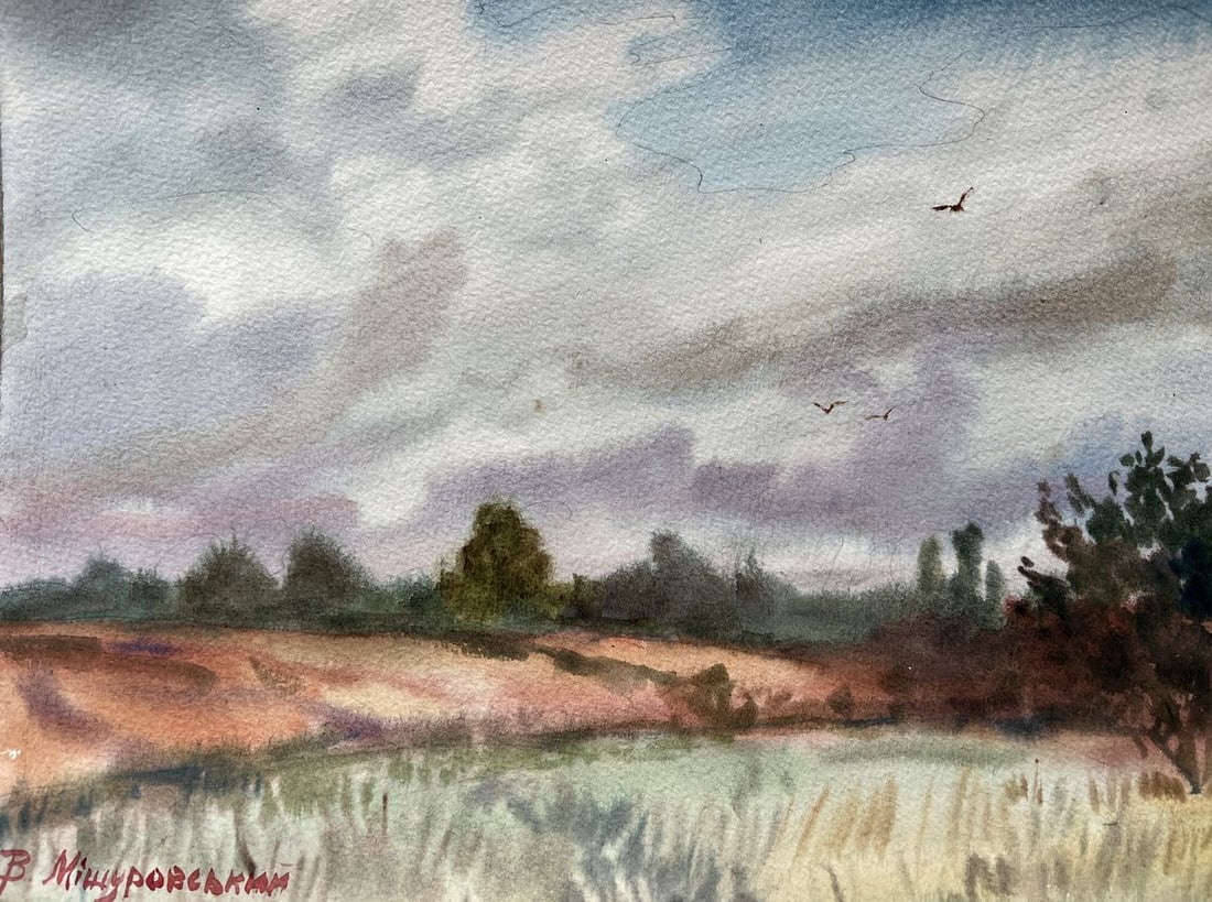 Watercolor painting Before the rain V. Mishurovsky: Title: Watercolor painting Before the rain V. Mishurovsky Description: No212"Before the Rain" by Viktor Myshurovsky captures the moment just before a rainstorm, a time filled with a mix of calm and an