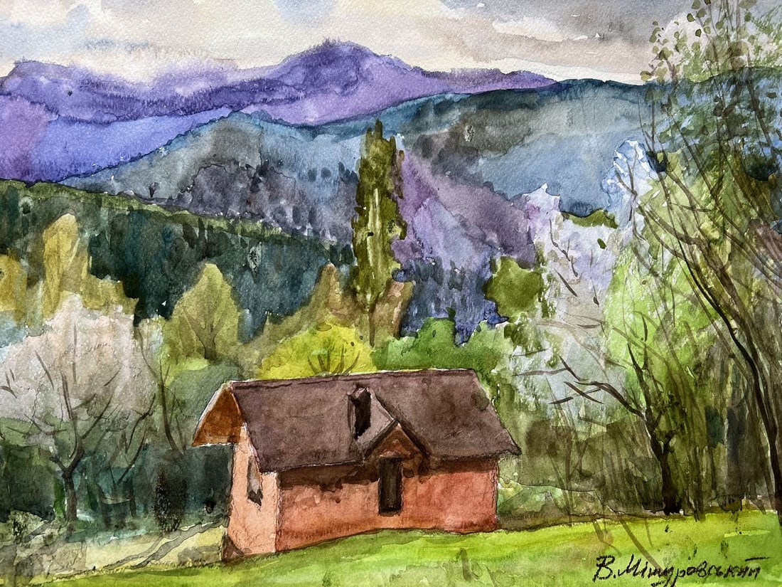 Watercolor painting View of the mountains V. Mishurovsky: Title: Watercolor painting View of the mountains V. Mishurovsky Description: No213"View of the Mountains" by Viktor Myshurovsky beautifully captures a serene and picturesque mountain landscape. The pa
