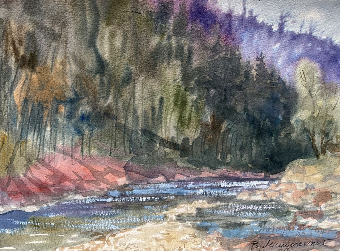 Watercolor painting By the river V. Mishurovsky: Title: Watercolor painting By the river V. Mishurovsky Description: No219"By the River" by Viktor Myshurovsky presents a tranquil yet captivating scene of a river winding through a forested landscape.