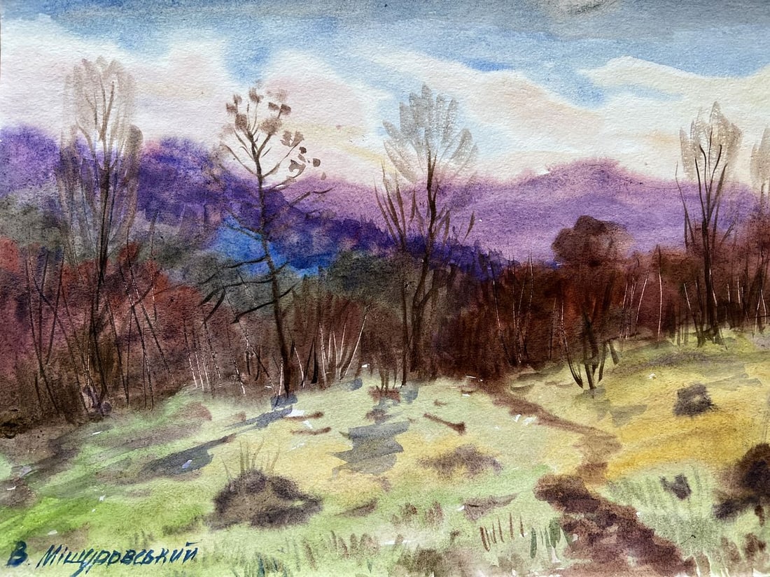 Gouache painting Autumn moment V. Mishurovsky: Title: Gouache painting Autumn moment V. Mishurovsky Description: No224"Autumn Moment" by Viktor Myshurovsky is a delicate watercolor that beautifully captures the fleeting essence of a late autumn da