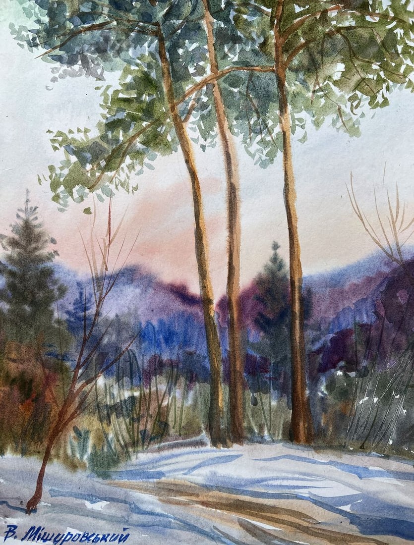Gouache painting Winter in the Carpathians V. Mishurovsky: Title: Gouache painting Winter in the Carpathians V. Mishurovsky Description: No225"Winter in the Carpathians" by Viktor Myshurovsky captures the tranquil beauty of a snowy day in the mountainous regi