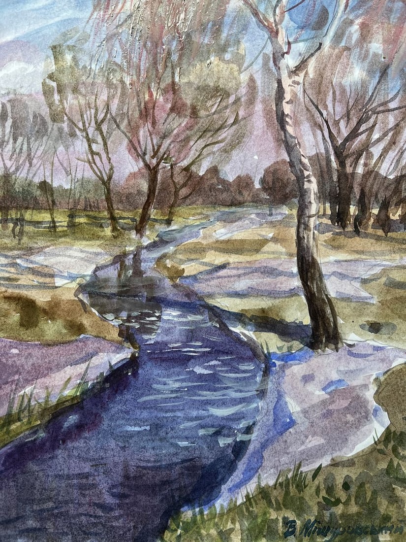 Watercolor painting Blooming spring V. Mishurovsky: Title: Watercolor painting Blooming spring V. Mishurovsky Description: No227"Blooming Spring" by Viktor Myshurovsky beautifully captures the moment when winter begins to release its grip, and the firs