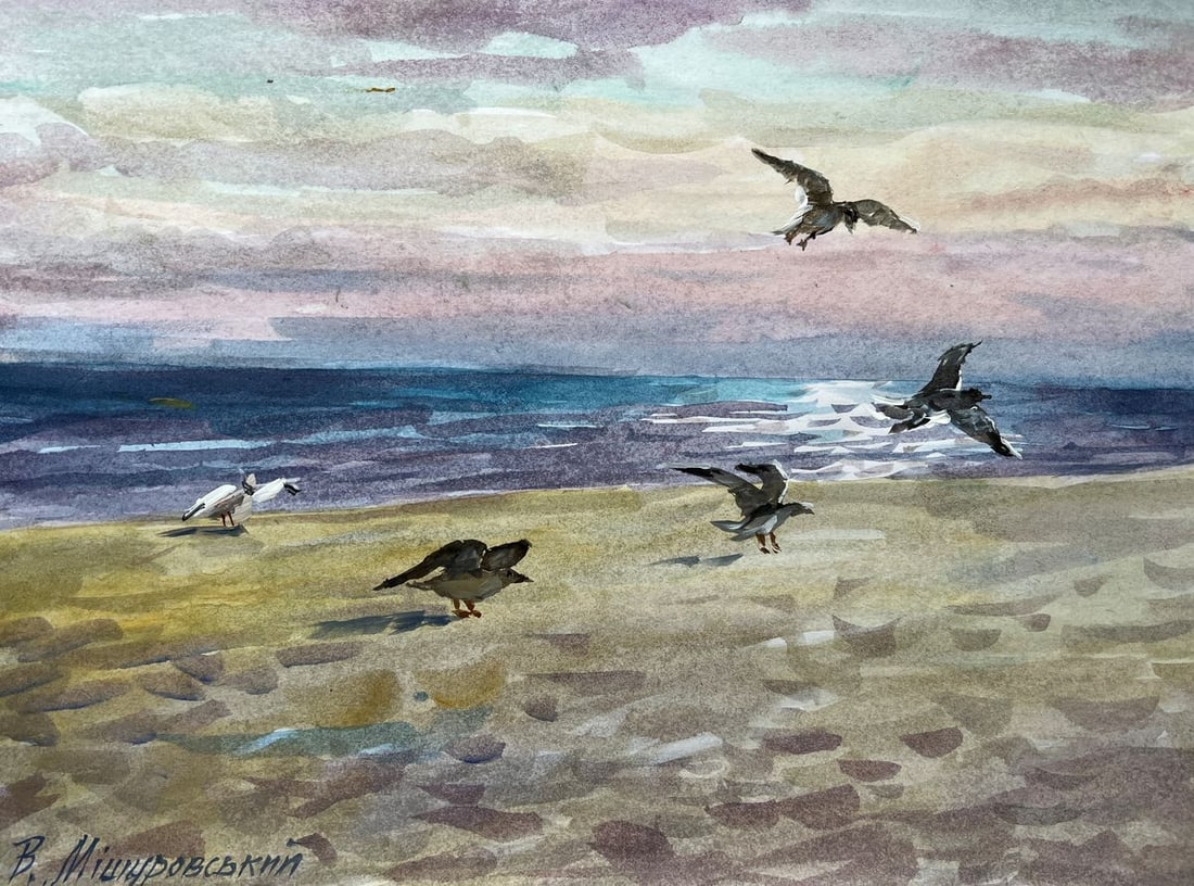 Gouache painting Seagulls on the sea V. Mishurovsky (1 of 8)