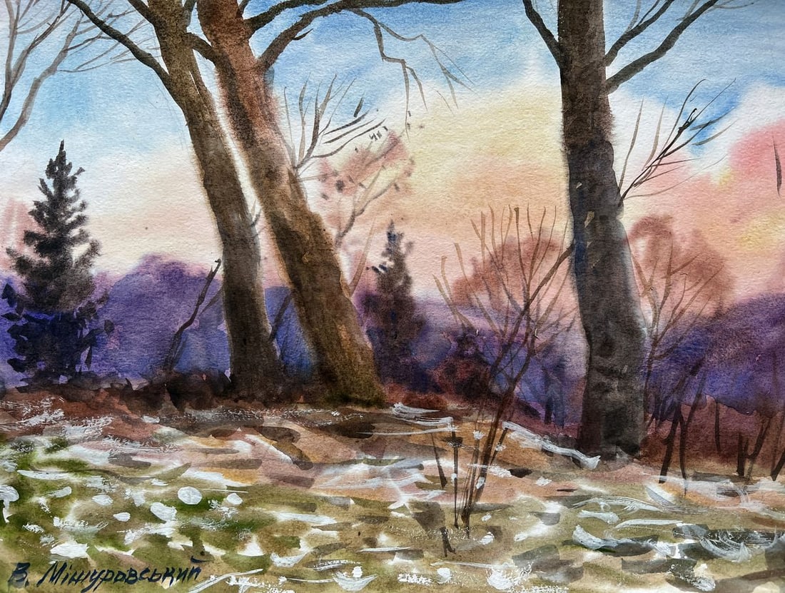 Gouache painting Evening in the forest V. Mishurovsky: Title: Gouache painting Evening in the forest V. Mishurovsky Description: No230In "Evening in the Forest," Viktor Myshurovsky masterfully captures the serene and introspective atmosphere that descends
