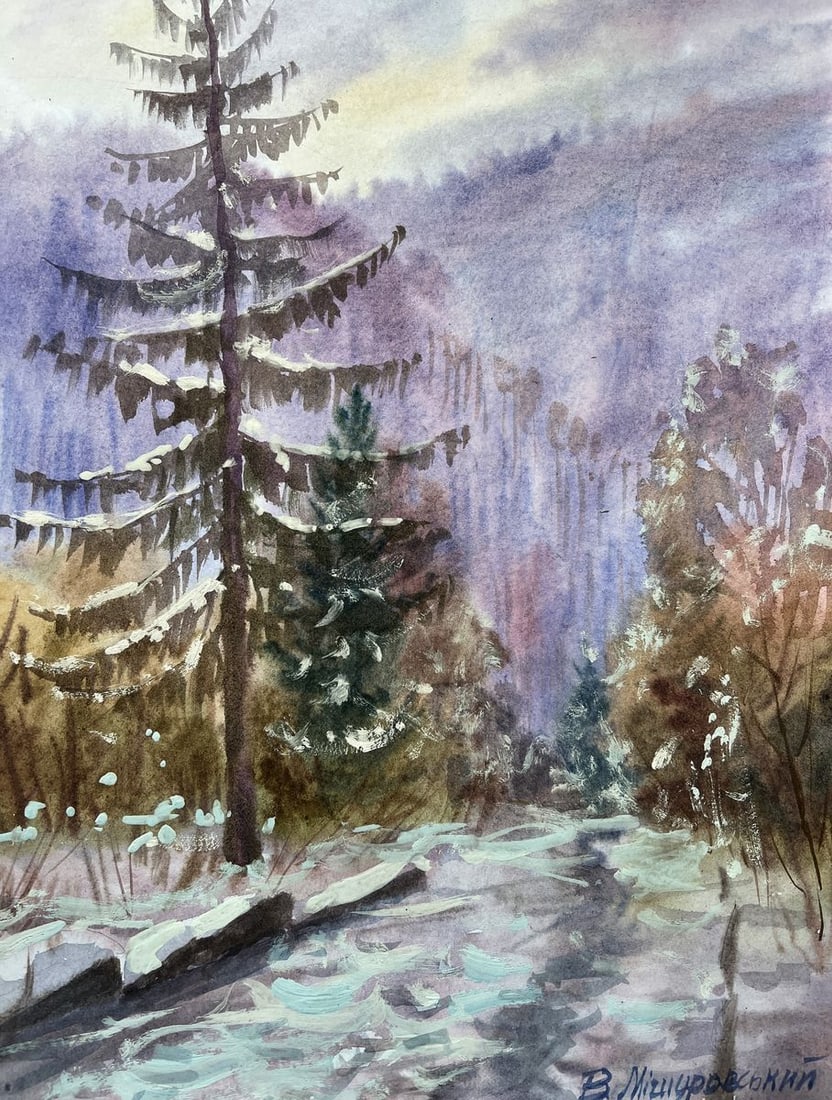 Gouache painting Winter in the forest V. Mishurovsky (1 of 8)