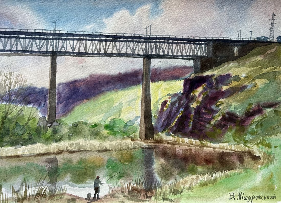 Watercolor painting A bridge to the city V. Mishurovsky: Title: Watercolor painting A bridge to the city V. Mishurovsky Description: No233In "A Bridge to the City," Viktor Myshurovsky presents a serene yet evocative scene, capturing the quiet moment of a fi