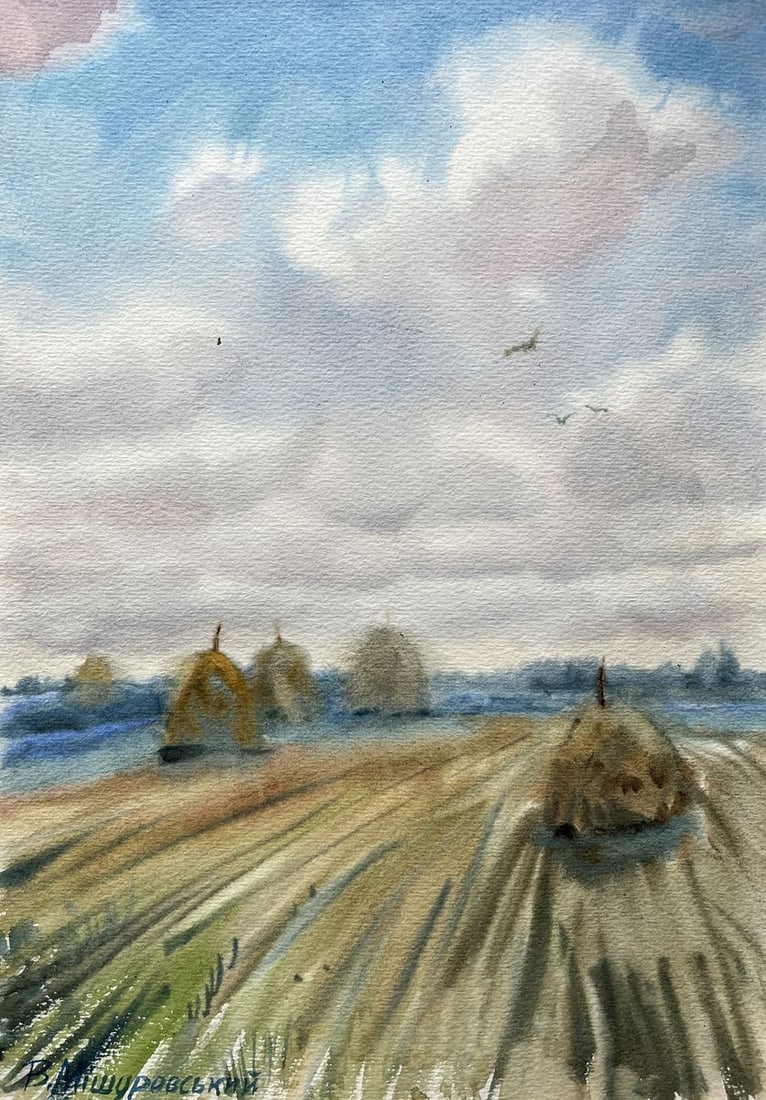 Watercolor painting A field is nearby V. Mishurovsky: Title: Watercolor painting A field is nearby V. Mishurovsky Description: No234In "A Field is Nearby," Viktor Myshurovsky captures the peaceful essence of the Ukrainian countryside. The painting depict