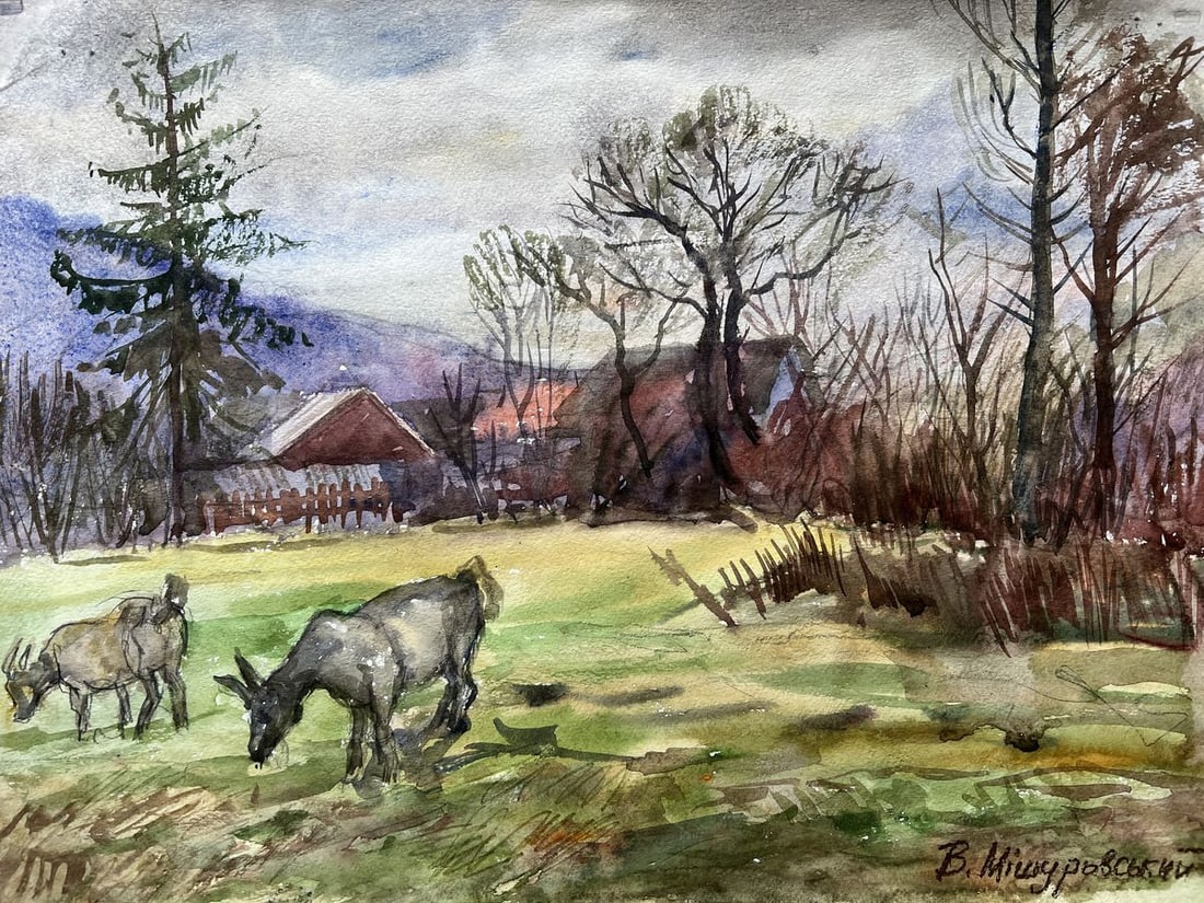 Watercolor painting Landscape with goats V. Mishurovsky: Title: Watercolor painting Landscape with goats V. Mishurovsky Description: No235"Landscape with Goats" by Viktor Myshurovsky offers a serene portrayal of pastoral life in the Ukrainian countryside. T