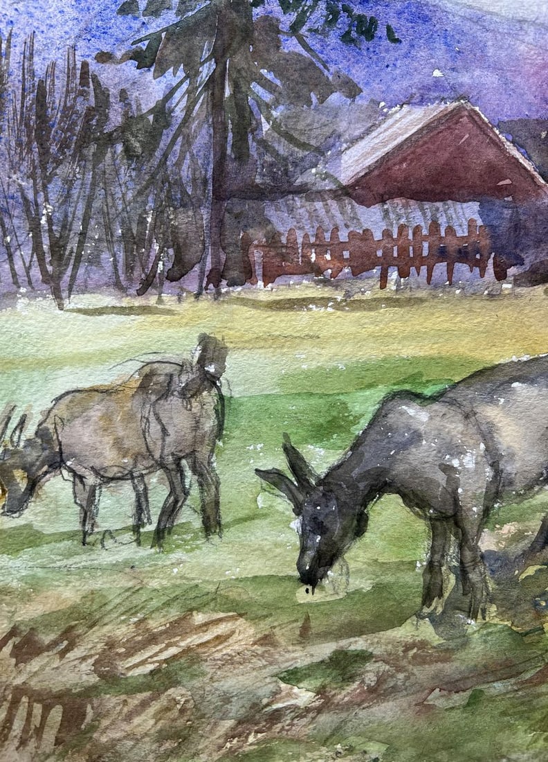 Watercolor painting Landscape with goats V. Mishurovsky - 3