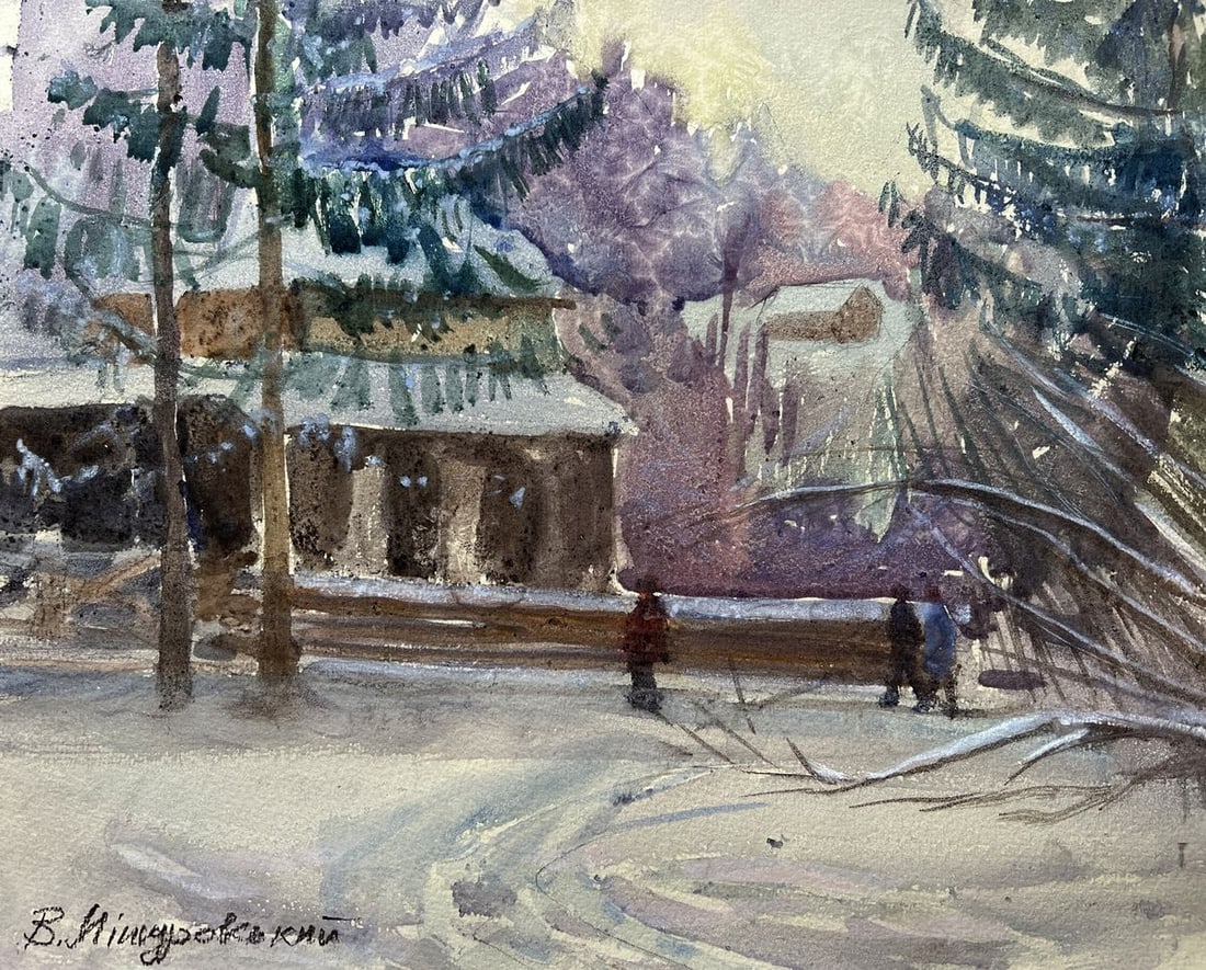 Watercolor painting In the cold V. Mishurovsky: Title: Watercolor painting In the cold V. Mishurovsky Description: No236"In the Cold" by Viktor Myshurovsky captures the quiet, serene beauty of a winter's day in the Ukrainian countryside. The painti