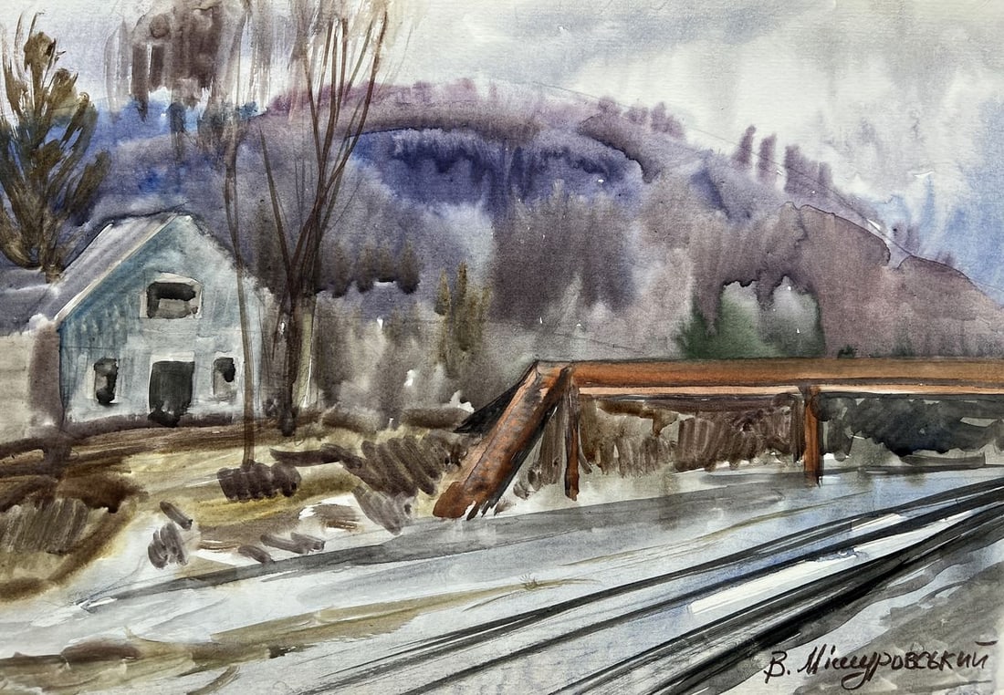 Watercolor painting Railway in the city V. Mishurovsky: Title: Watercolor painting Railway in the city V. Mishurovsky Description: No237"Railway in the City" by Viktor Myshurovsky presents a serene and somewhat melancholic view of a small, quiet city where