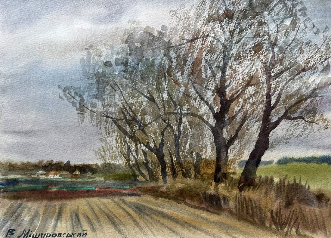 Watercolor painting Silver poplars V. Mishurovsky: Title: Watercolor painting Silver poplars V. Mishurovsky Description: No240In "Silver Poplars," Viktor Myshurovsky masterfully captures the delicate and serene beauty of poplar trees, standing tall
