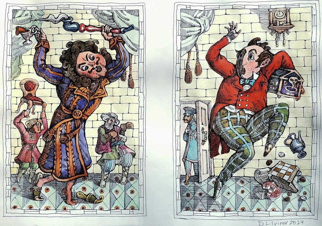 Watercolor painting Chichikov and Nozdryov Daniil Litvinov (1 of 8)