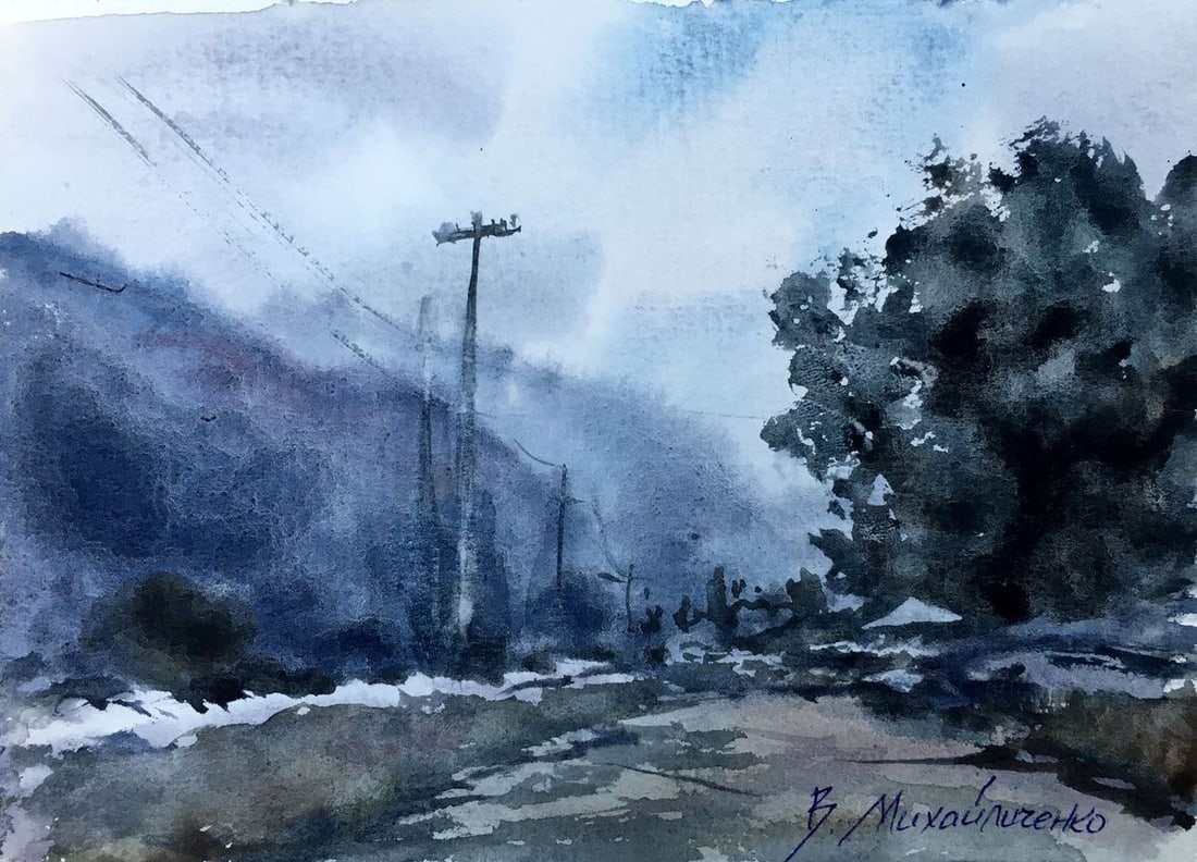 Watercolor painting In the fog Viktor Mikhailichenko: Title: Watercolor painting In the fog Viktor Mikhailichenko Description: No1343 *** ABOUT THIS PAINTING *** * TITLE: "In the fog" * ARTISTS: Viktor Mikhailichenko * SIZE: 14.5x19.5 cm/'5.70x7.67