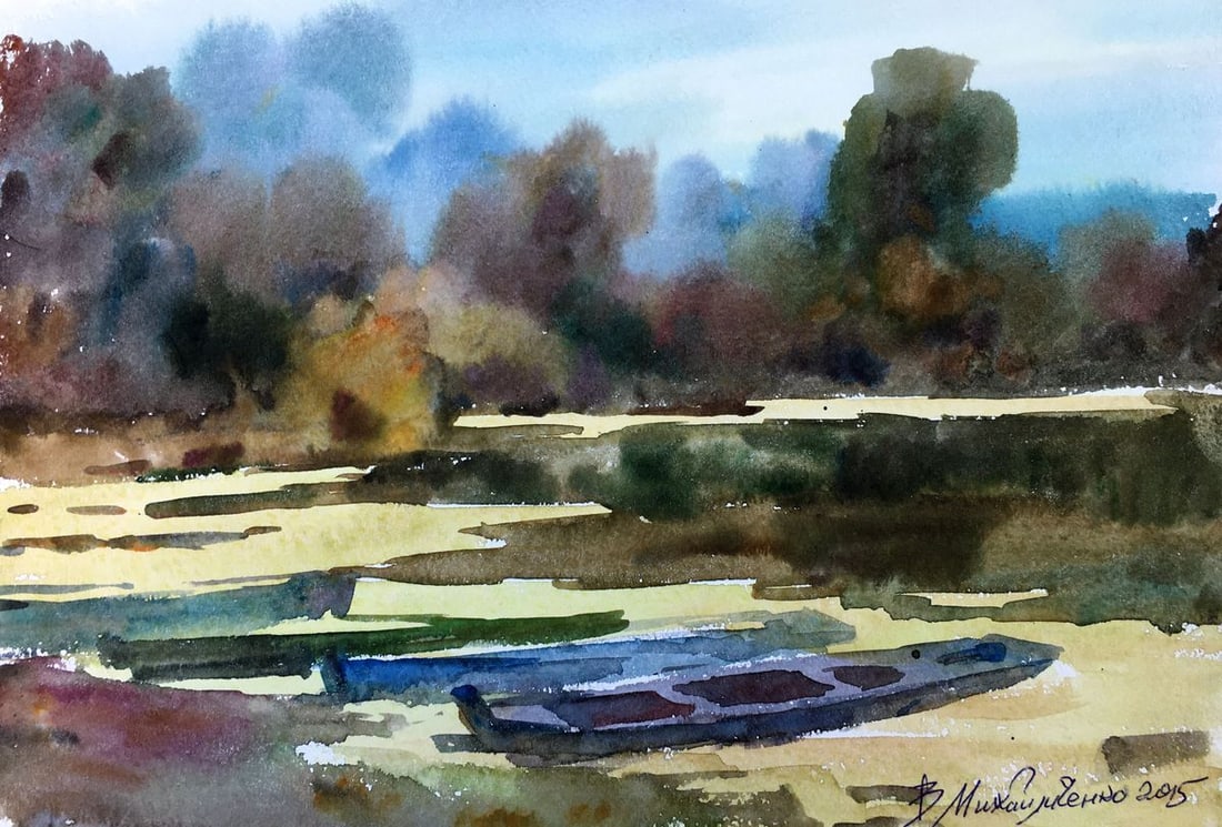Watercolor painting Boats on the shore Viktor Mikhailichenko: Title: Watercolor painting Boats on the shore Viktor Mikhailichenko Description: No1353 *** ABOUT THIS PAINTING *** * TITLE: "Boats on the shore" * ARTISTS: Viktor Mikhailichenko * SIZE: 21.5x31.5 cm/