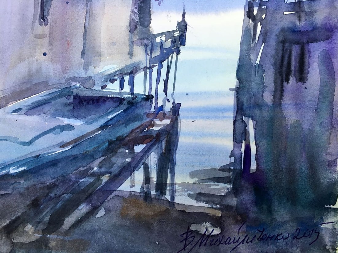 Watercolor painting House by the river Viktor Mikhailichenko - 5