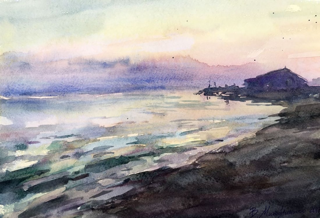 Watercolor painting Watching the sunset on the shore Viktor Mikhailichenko (1 of 7)
