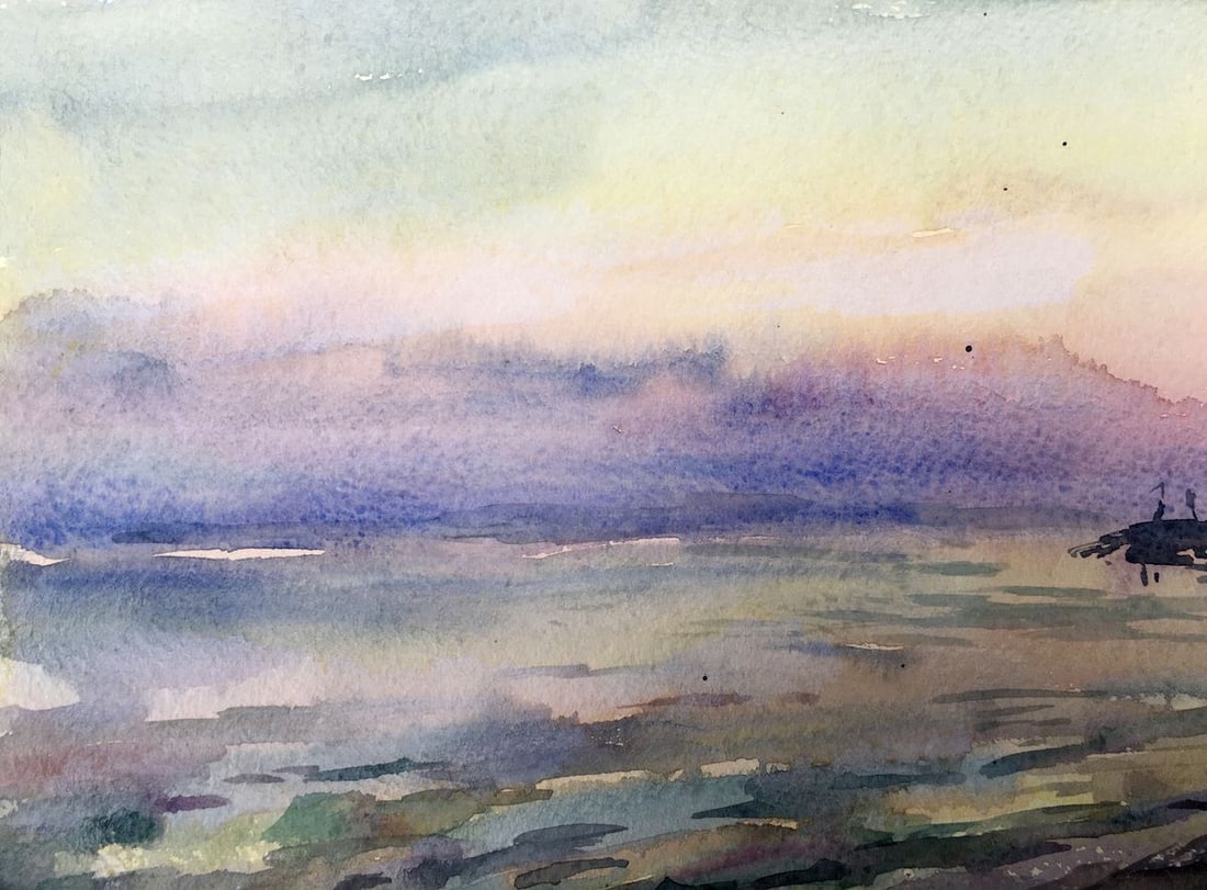 Watercolor painting Watching the sunset on the shore Viktor Mikhailichenko - 2
