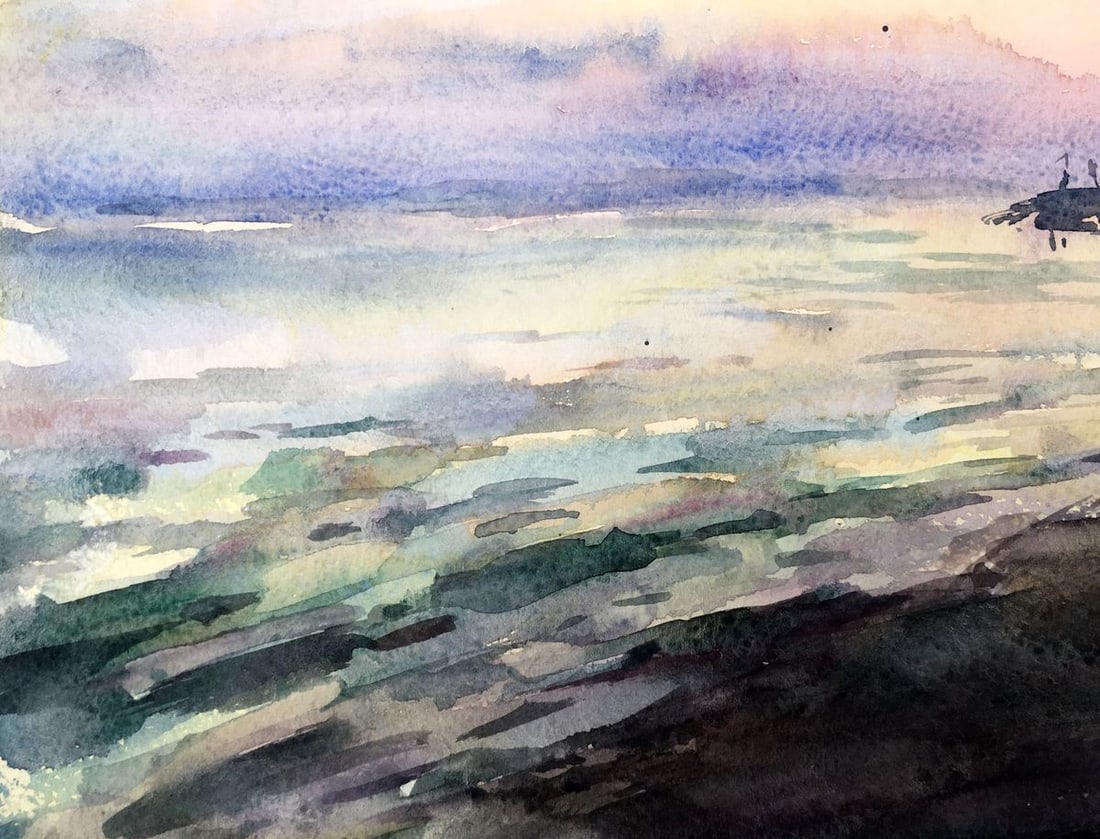 Watercolor painting Watching the sunset on the shore Viktor Mikhailichenko - 3