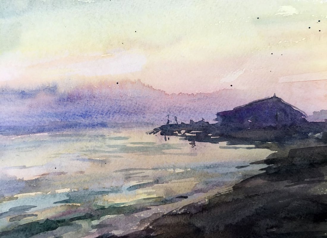 Watercolor painting Watching the sunset on the shore Viktor Mikhailichenko - 4