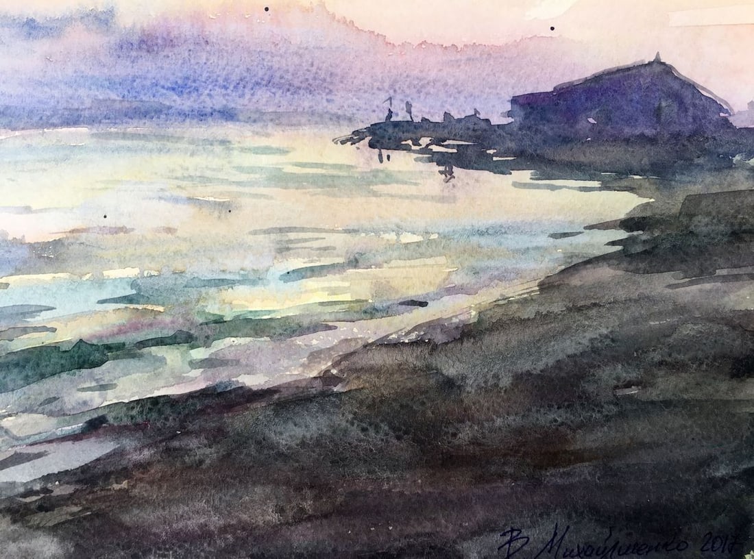 Watercolor painting Watching the sunset on the shore Viktor Mikhailichenko - 5