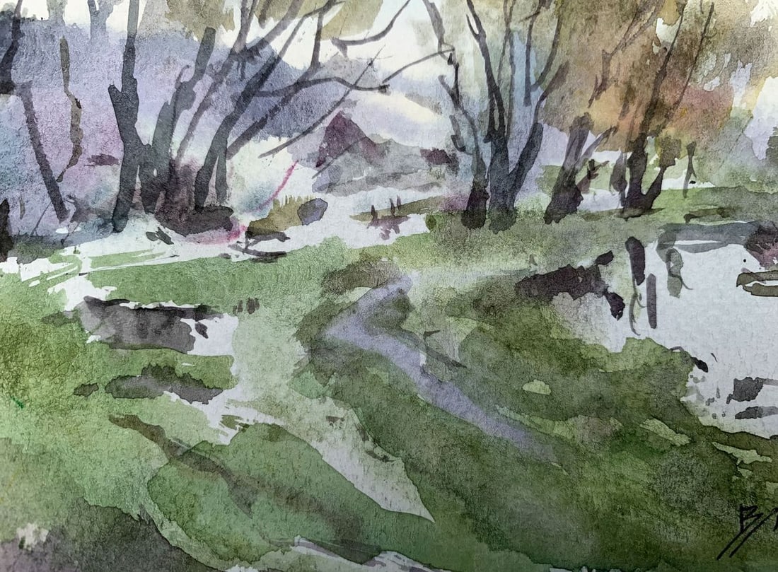 Watercolor painting River in the forest Viktor Mikhailichenko - 3