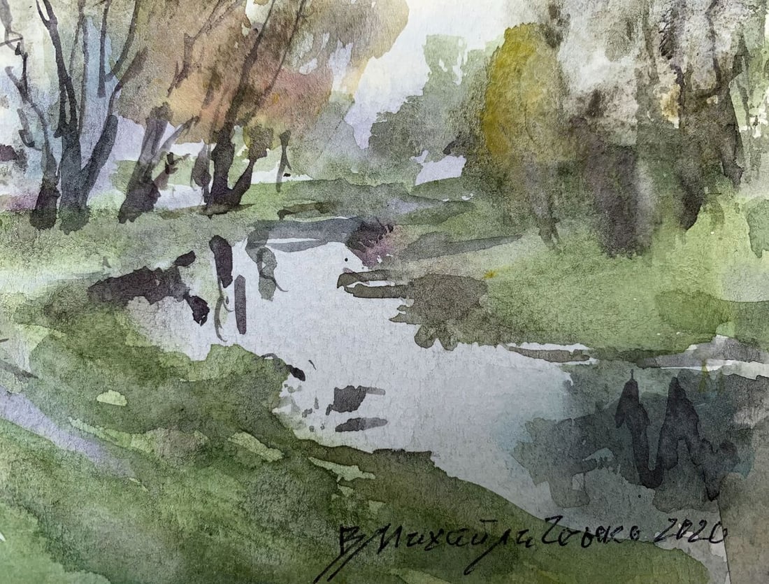Watercolor painting River in the forest Viktor Mikhailichenko - 5