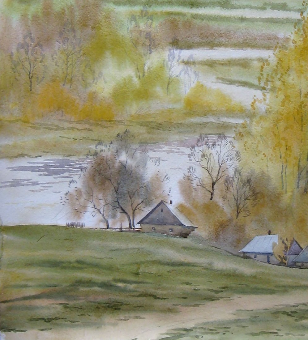 Watercolor painting Autumn yellow days Kalebets Valery - 4