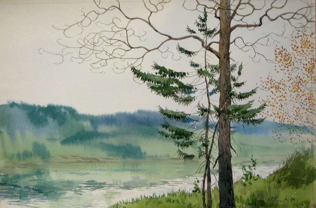 Watercolor painting By the river Kalebets Valery: Title: Watercolor painting By the river Kalebets Valery Description: NoSav 297 *** ABOUT THIS PAINTING *** * TITLE: "By the river" * ARTISTS: Kalebets Valery * SIZE: 25x37 cm/'9.84x14.56 inches' * MED