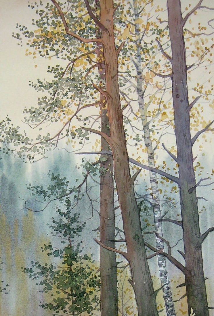 Watercolor painting Autumn golden forest Kalebets Valery - 3