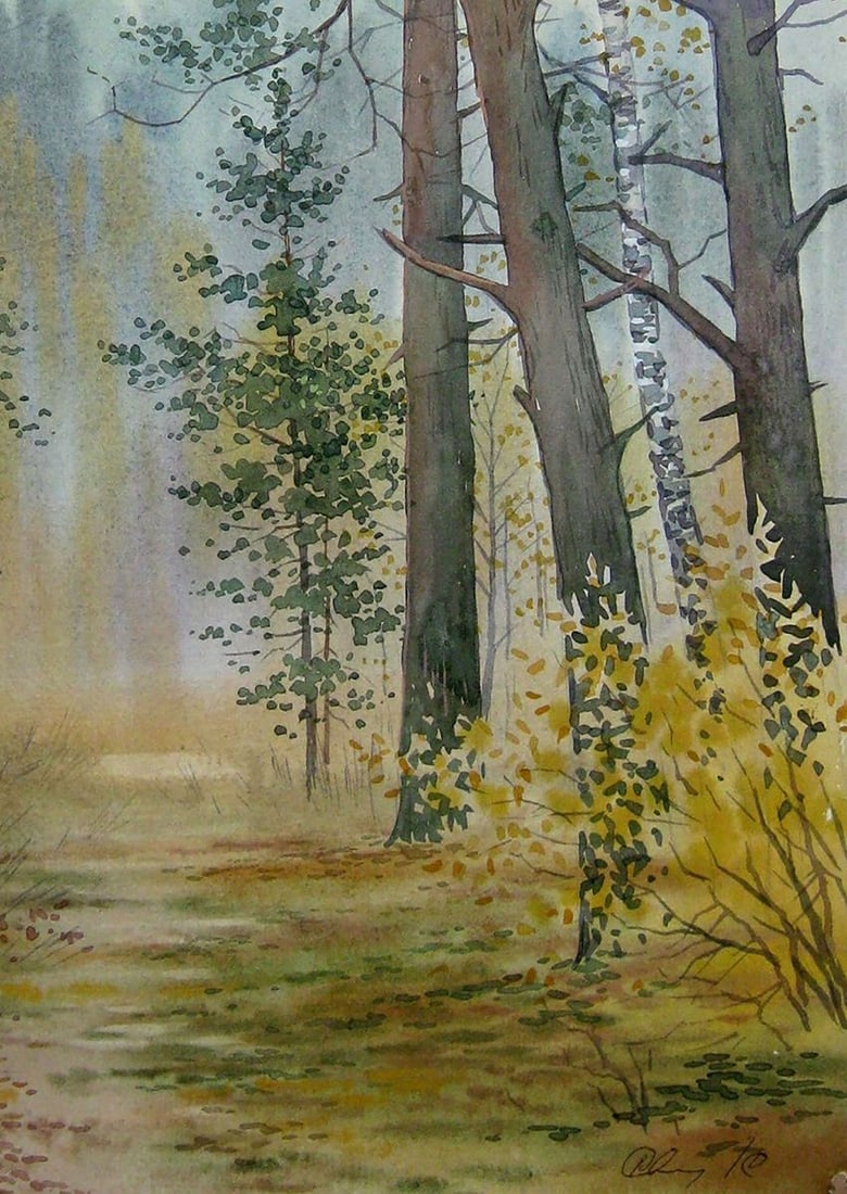 Watercolor painting Autumn golden forest Kalebets Valery - 5