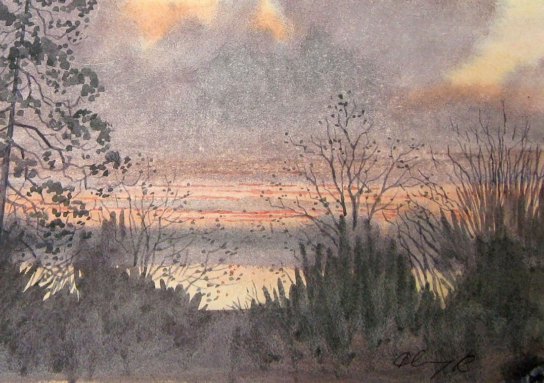 Watercolor painting Evening forest landscape Kalebets Valery - 5