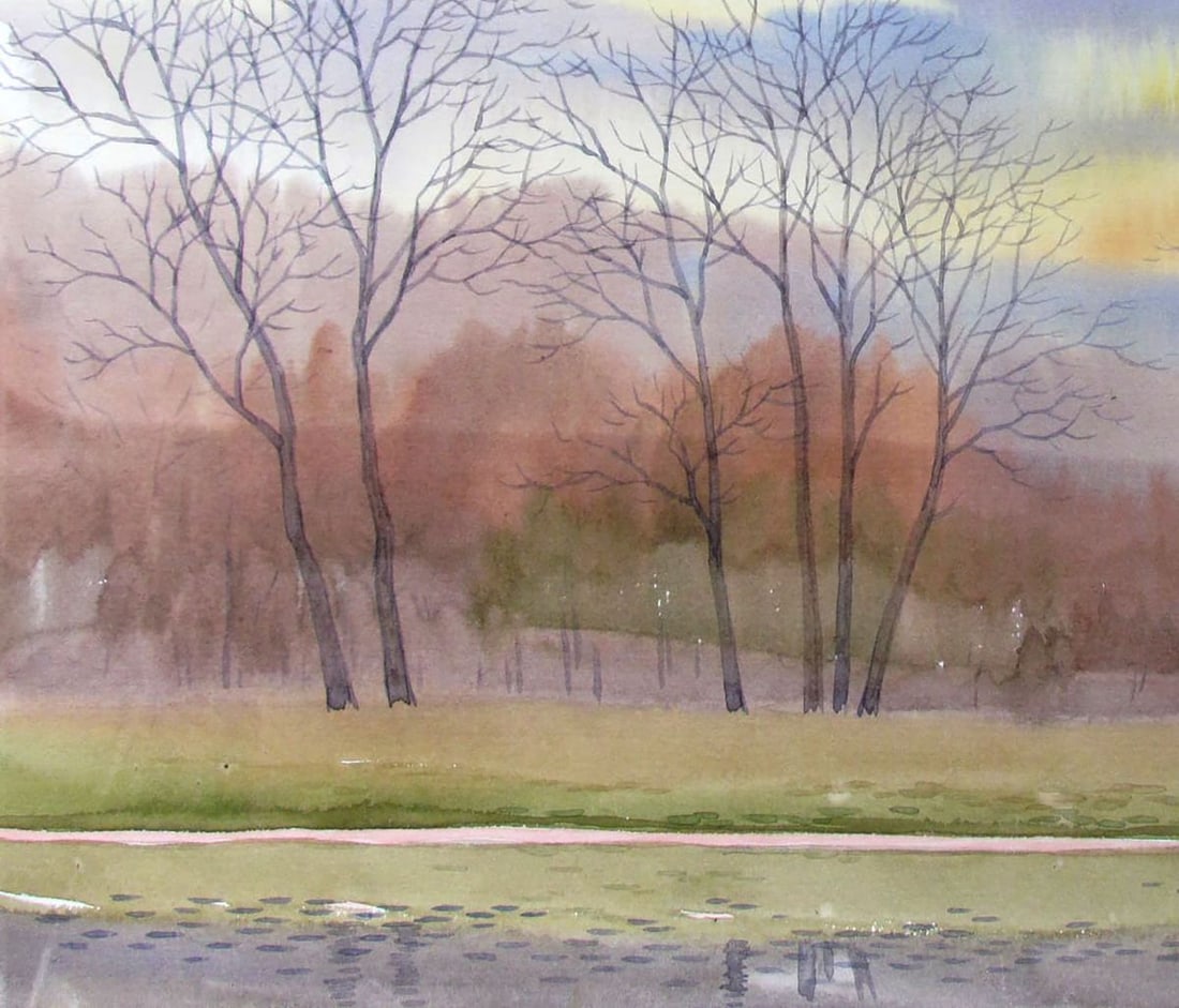 Watercolor painting March. The snow has melted Kalebets Valery - 4