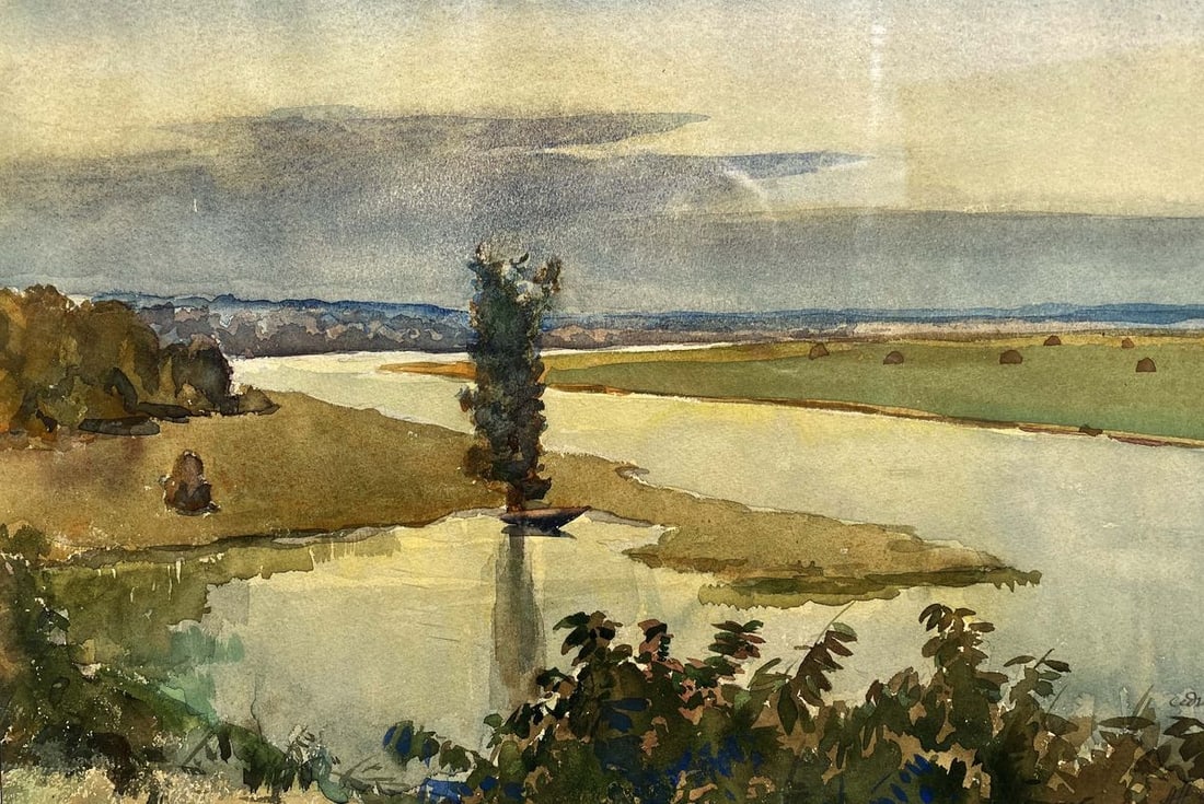 Watercolor painting River landscape Unknown artist - 3