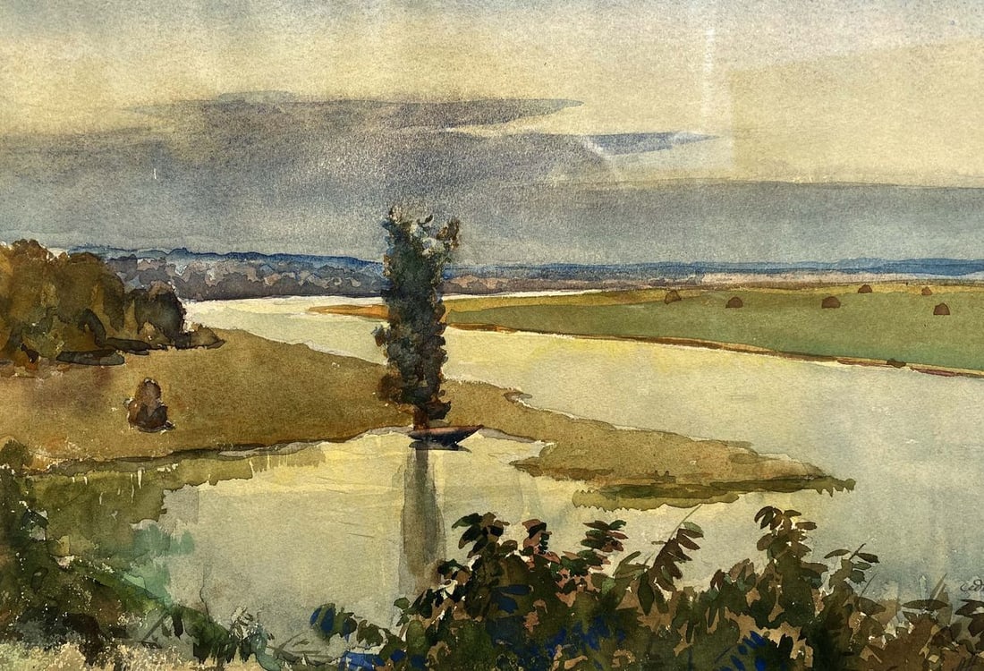 Watercolor painting River landscape Unknown artist - 4