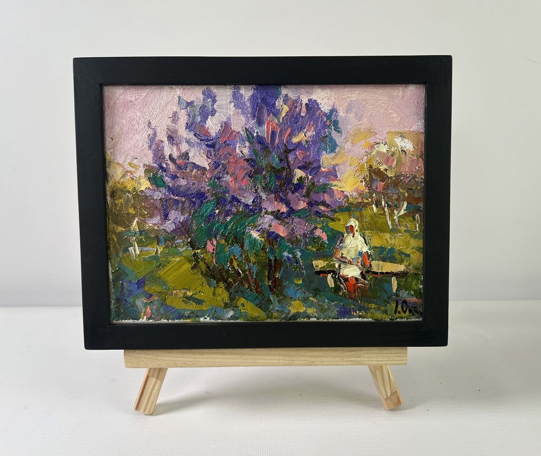 Oil painting On a walk near the lilacs Oksana Kalenyuk: Title: Oil painting On a walk near the lilacs Oksana Kalenyuk Description: NoAAA5202The oil painting on Canvas titled "On a Walk Near the Lilacs" radiates with the lyrical harmony of springtime and a 