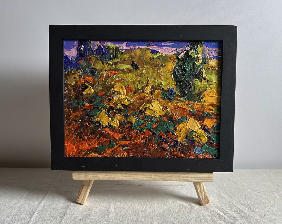 Oil painting The edge of a plowed field Alex Kalenyuk: Title: Oil painting The edge of a plowed field Alex Kalenyuk Description: NoAAA4021This oil painting cardboard, titled "The edge of a plowed field", the artist employs bold, expressive brushstrokes an