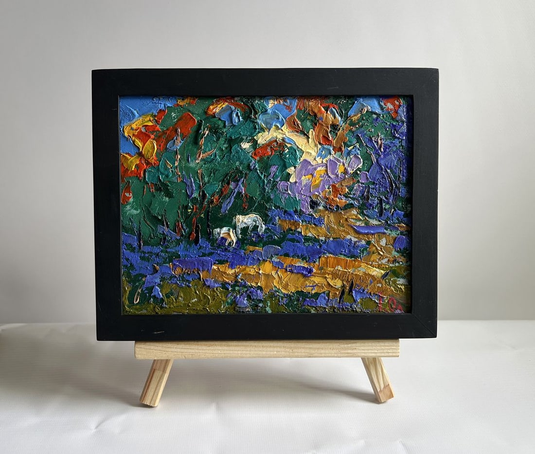 Oil painting In a forest clearing Alex Kalenyuk: Title: Oil painting In a forest clearing Alex Kalenyuk Description: NoAAA4049This oil painting cardboard, titled "In a forest clearing", the artist employs a thick impasto technique, using bold and ex